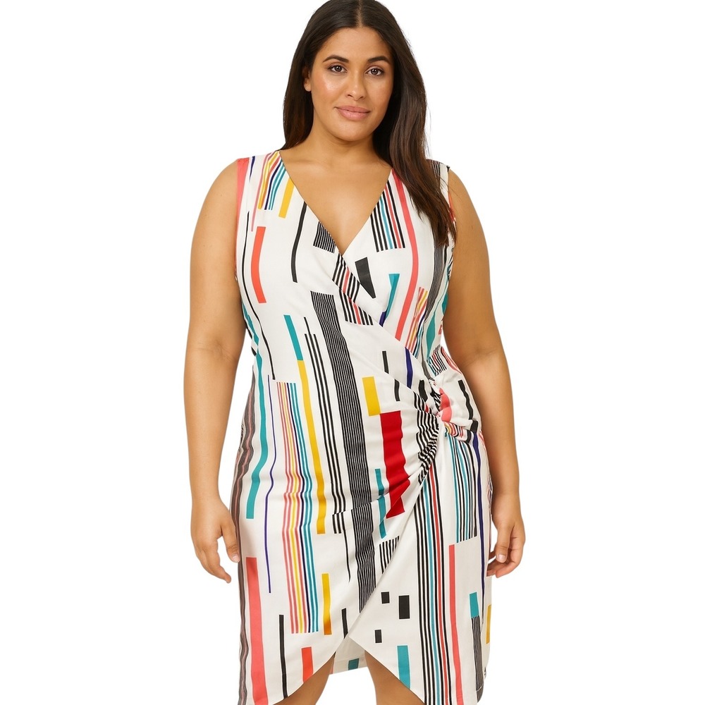 ASHRO Plus Size 20W Dress‎ Sleeveless Colorful Striped Sheath White Career 1683